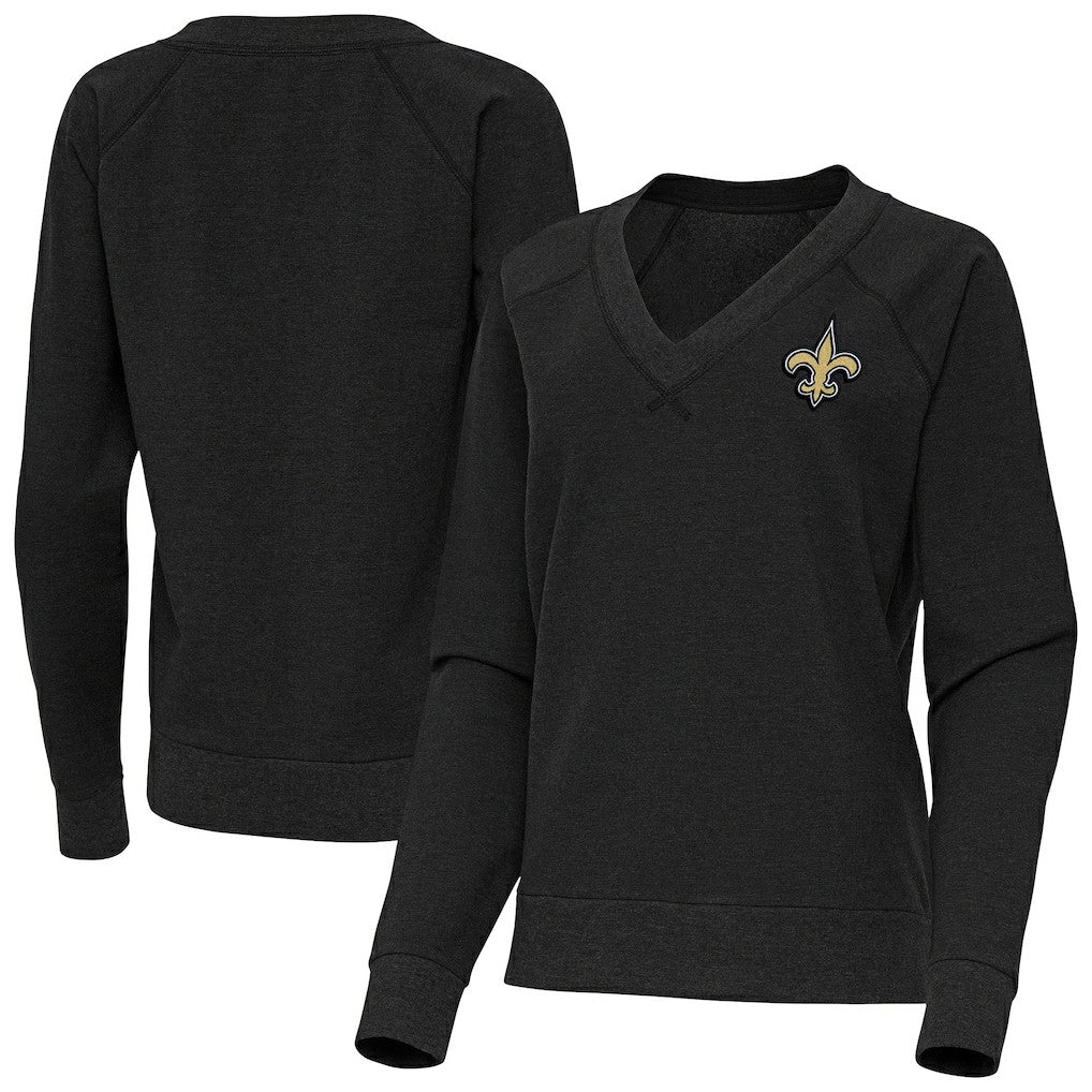 New Orleans Saints Antigua Women's Varsity Tri-Blend V-Neck Long Sleeve T-Shirt - Heather Black - NFL