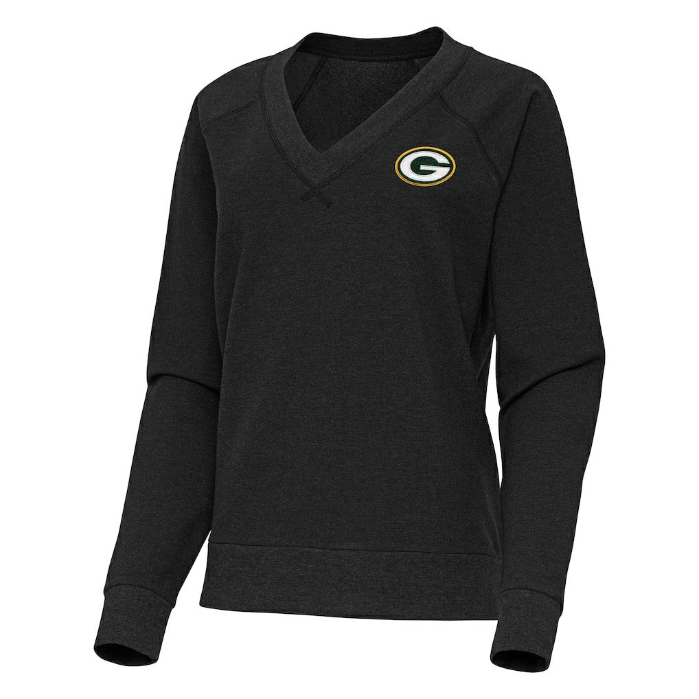 Green Bay Packers Antigua Women's Varsity Tri-Blend V-Neck Long Sleeve T-Shirt - Heather Black - NFL