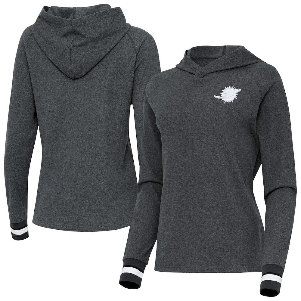 Miami Dolphins Antigua Women's Trek Raglan Pullover Hoodie - Heather Charcoal - NFL