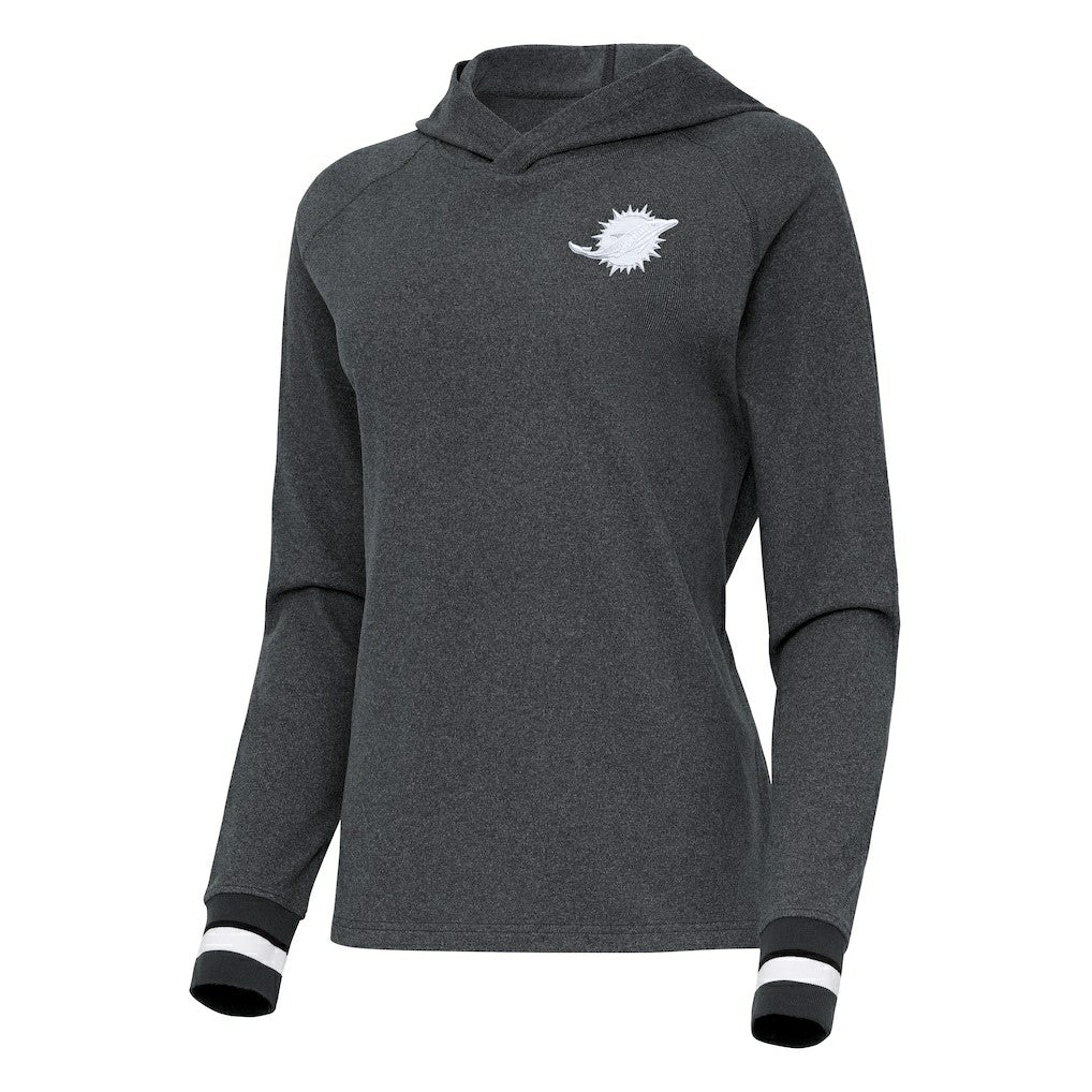 Miami Dolphins Antigua Women's Trek Raglan Pullover Hoodie - Heather Charcoal - NFL