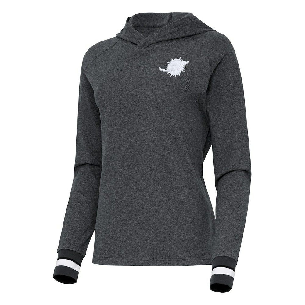 Miami Dolphins Antigua Women's Trek Raglan Pullover Hoodie - Heather Charcoal - NFL