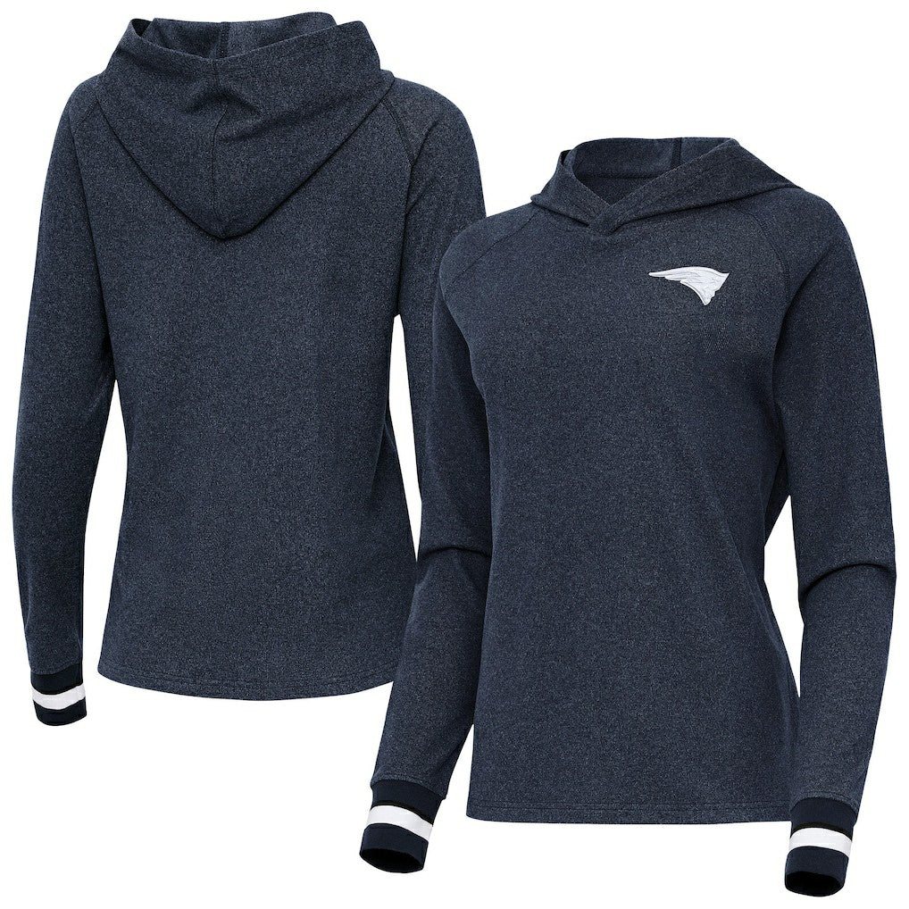 New England Patriots Antigua Women's Trek Raglan Pullover Hoodie - Heather Navy - NFL
