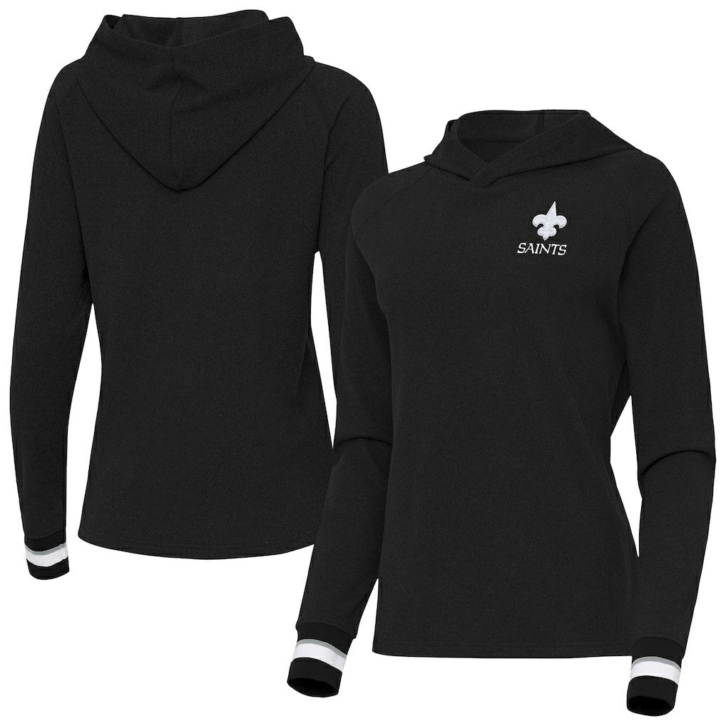 New Orleans Saints Antigua Women's Trek Raglan Pullover Hoodie - Black - NFL