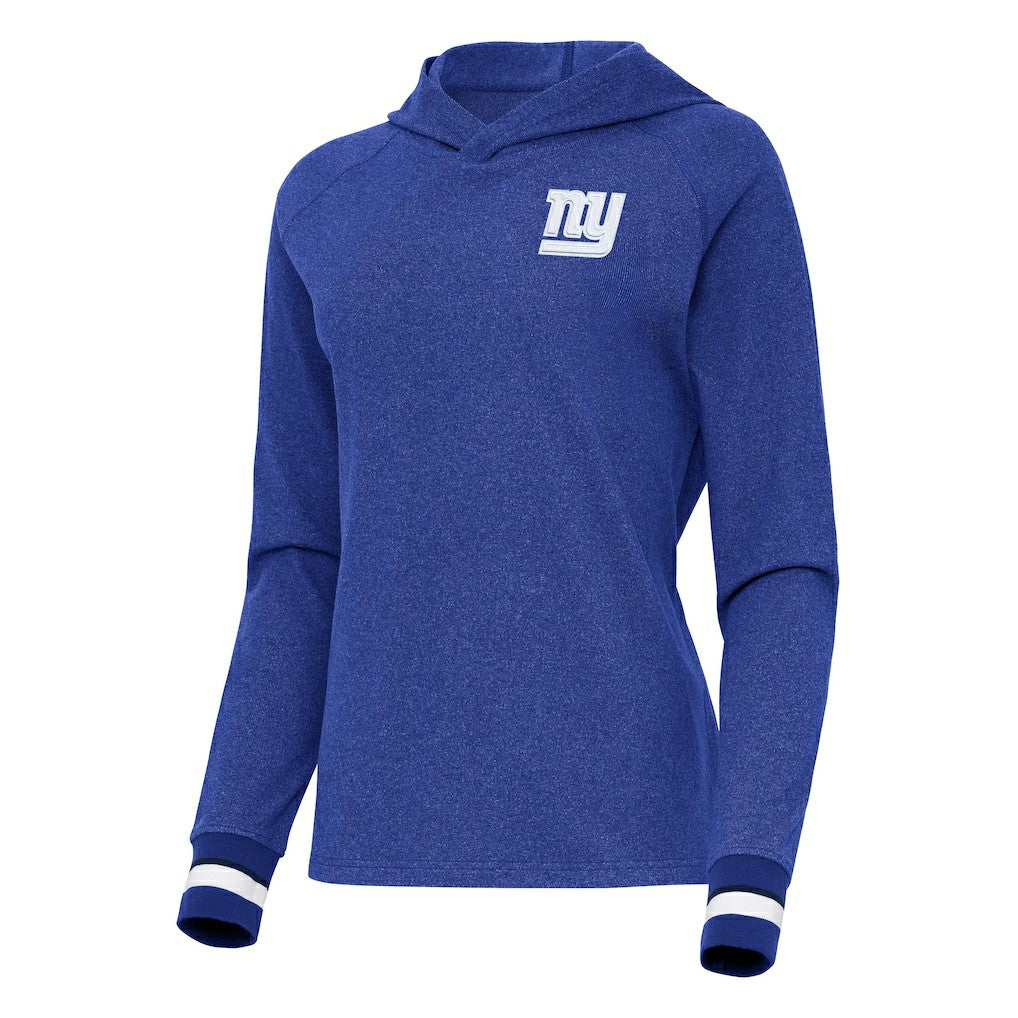 New York Giants Antigua Women's Trek Raglan Pullover Hoodie - Heather Royal - NFL