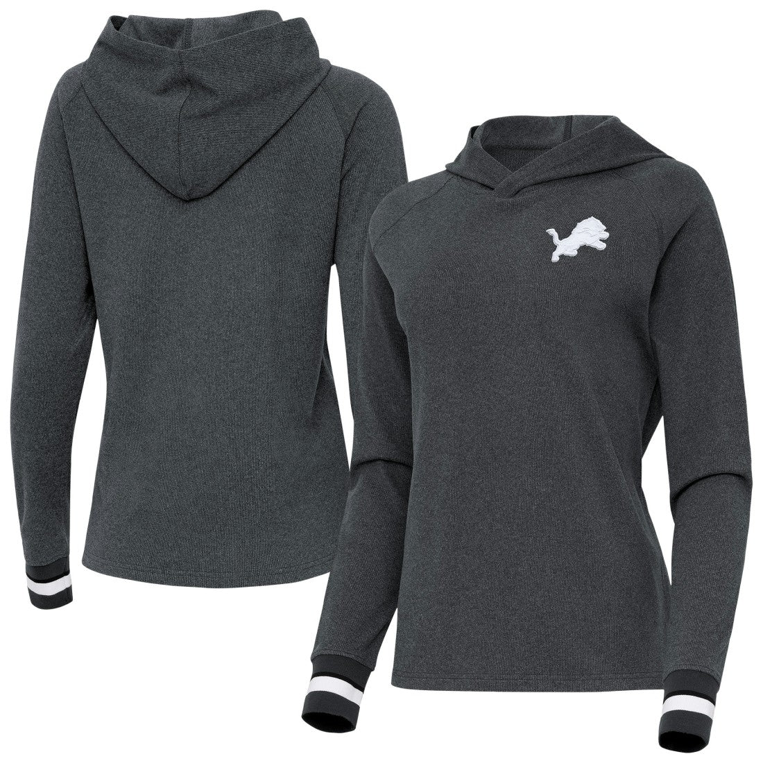 Detroit Lions Antigua Women's Trek Raglan Pullover Hoodie - Heather Charcoal - NFL