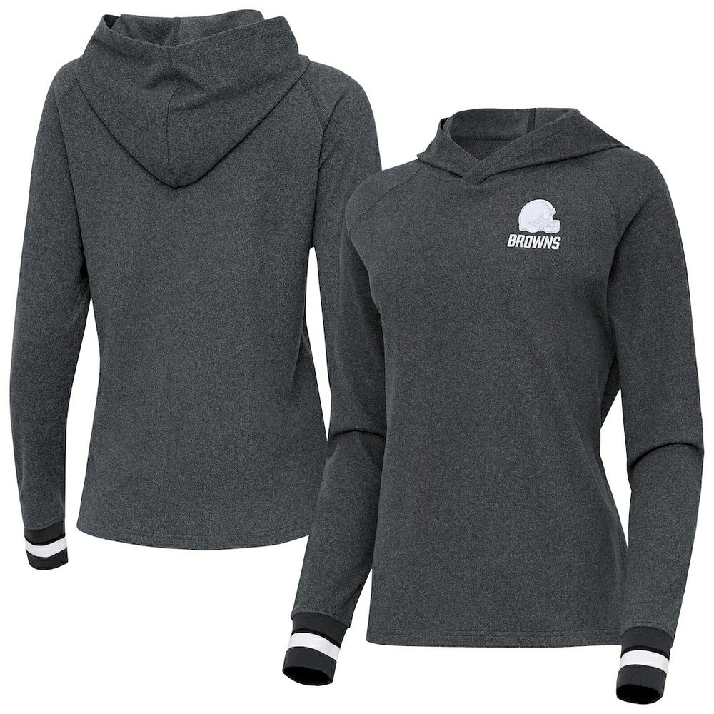 Cleveland Browns Antigua Women's Trek Raglan Pullover Hoodie - Heather Charcoal - NFL