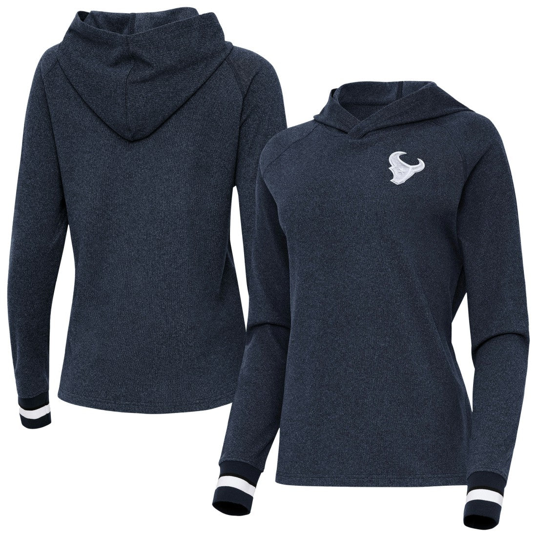Houston Texans Antigua Women's Trek Raglan Pullover Hoodie - Heather Navy - NFL