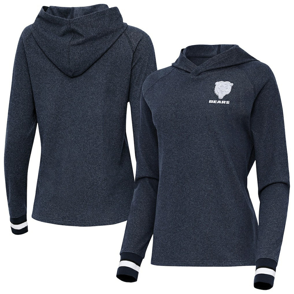 Chicago Bears Antigua Women's Trek Raglan Pullover Hoodie - Heather Navy - NFL