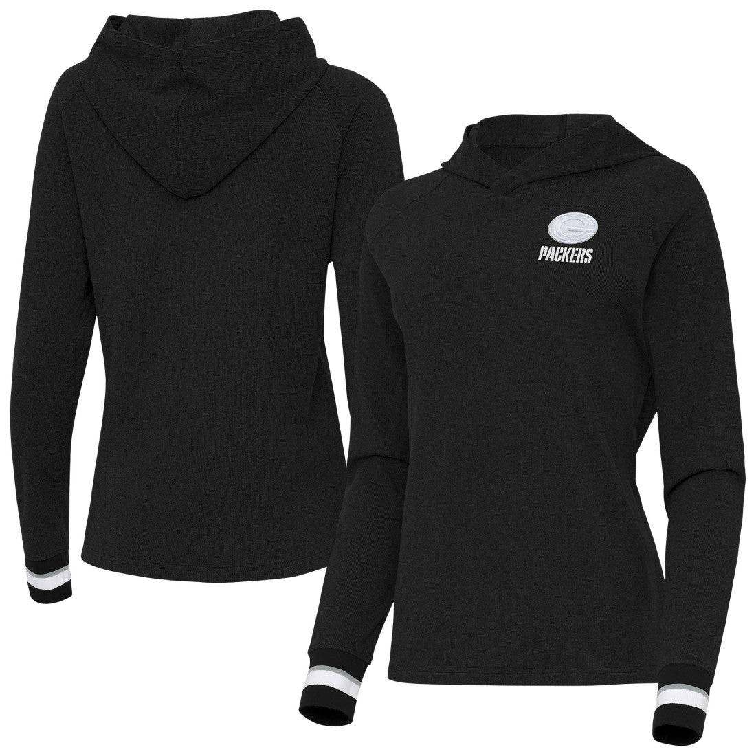 Green Bay Packers Antigua Women's Trek Raglan Pullover Hoodie - Black - NFL
