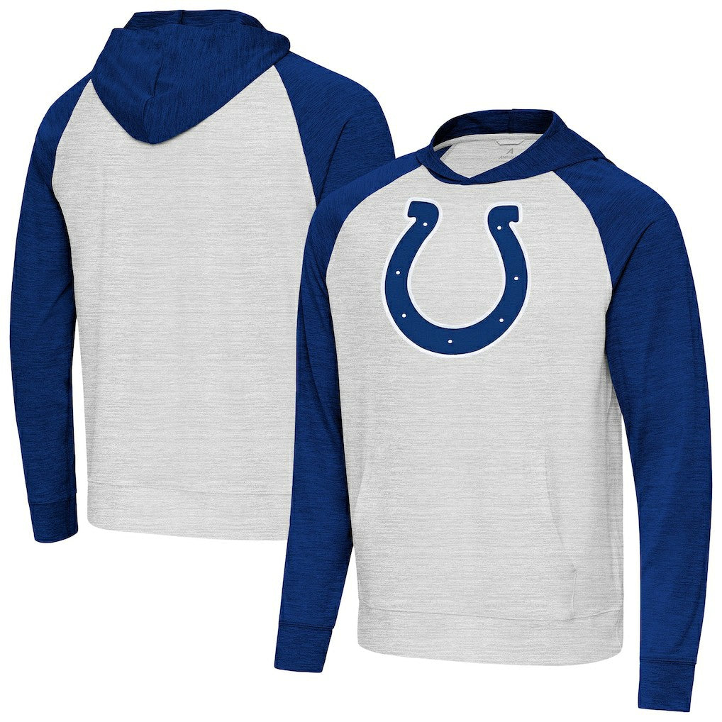 Indianapolis Colts Antigua Urgent Raglan Pullover Hoodie - Heather Gray/Heather Royal - NFL