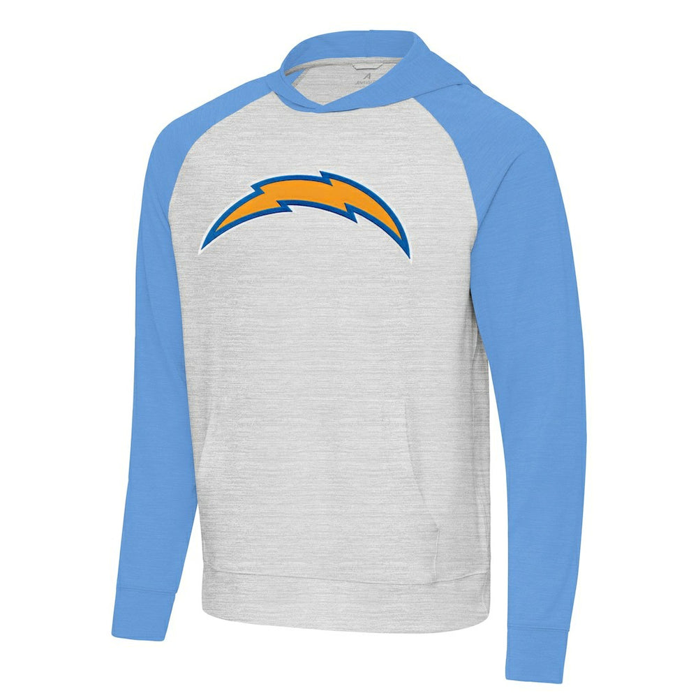 Los Angeles Chargers Antigua Urgent Raglan Pullover Hoodie - Heather Gray/Heather Powder Blue - NFL