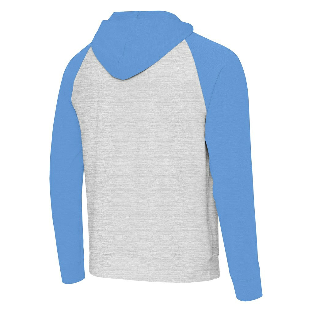 Los Angeles Chargers Antigua Urgent Raglan Pullover Hoodie - Heather Gray/Heather Powder Blue - NFL