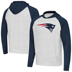 New England Patriots Antigua Urgent Raglan Pullover Hoodie - Heather Gray/Heather Navy - NFL