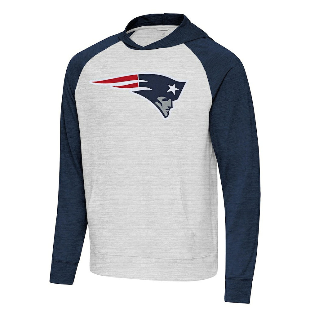 New England Patriots Antigua Urgent Raglan Pullover Hoodie - Heather Gray/Heather Navy - NFL