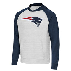 New England Patriots Antigua Urgent Raglan Pullover Hoodie - Heather Gray/Heather Navy - NFL