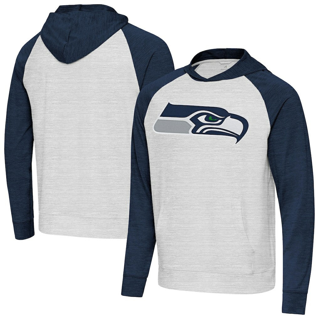 Seattle Seahawks Antigua Urgent Raglan Pullover Hoodie - Heather Gray/Heather College Navy - NFL