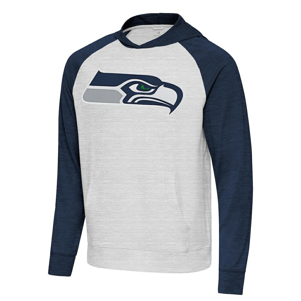 Seattle Seahawks Antigua Urgent Raglan Pullover Hoodie - Heather Gray/Heather College Navy - NFL