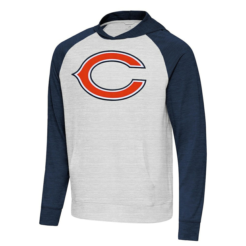Chicago Bears Antigua Urgent Raglan Pullover Hoodie - Heather Gray/Heather Navy - NFL