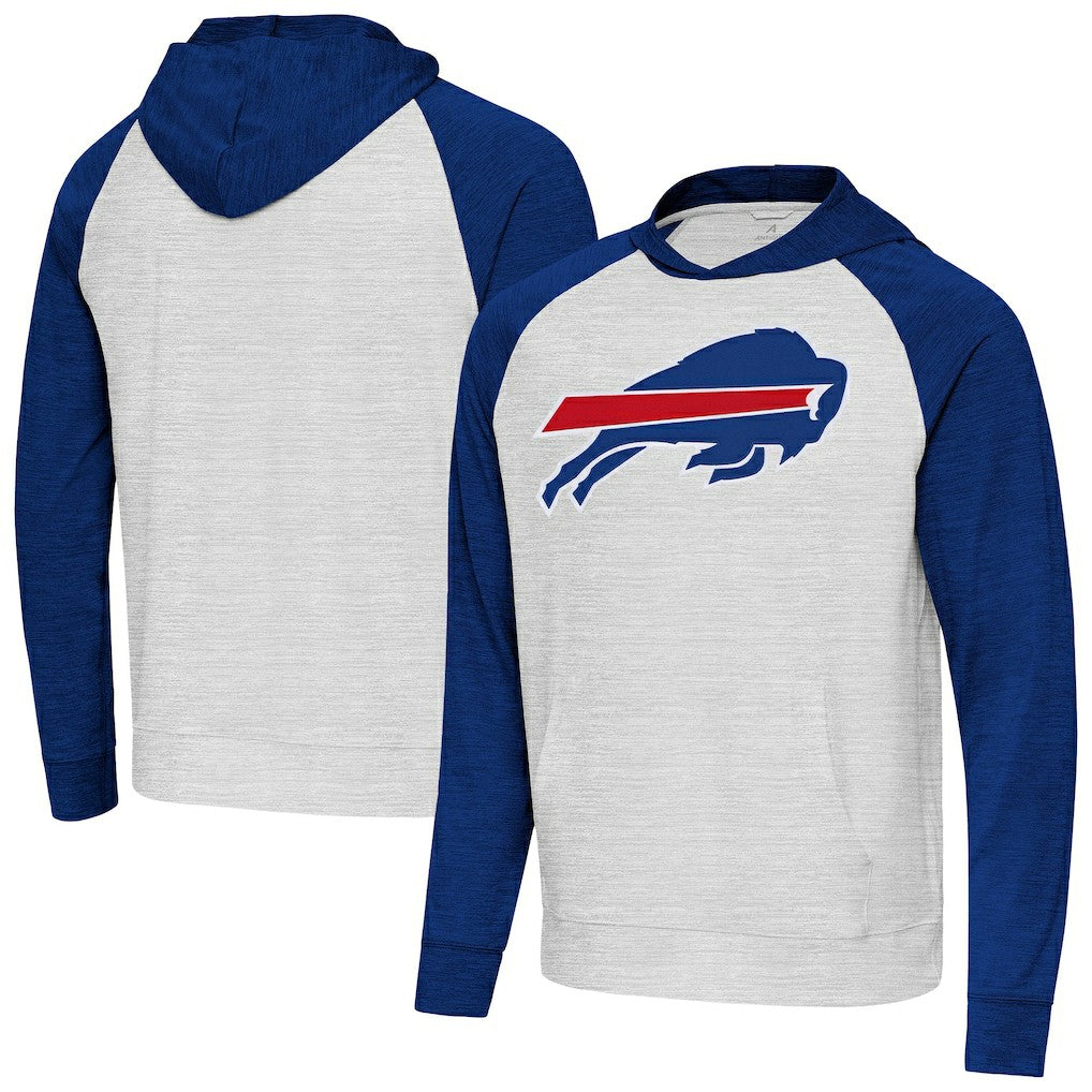 Buffalo Bills Antigua Urgent Raglan Pullover Hoodie - Heather Gray/Heather Royal - NFL