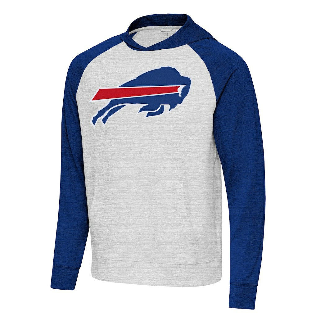 Buffalo Bills Antigua Urgent Raglan Pullover Hoodie - Heather Gray/Heather Royal - NFL