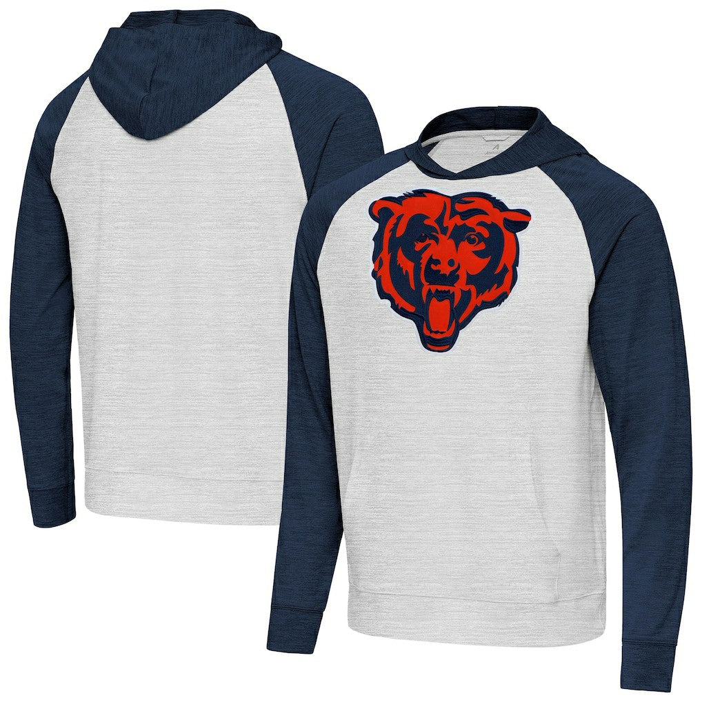 Chicago Bears Antigua Urgent Raglan Pullover Hoodie - Heather Gray/Heather Navy - NFL