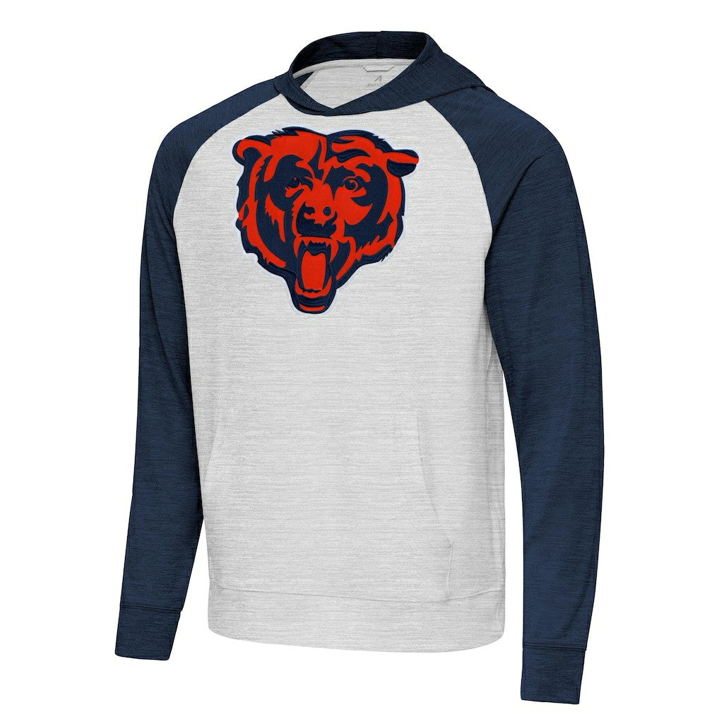 Chicago Bears Antigua Urgent Raglan Pullover Hoodie - Heather Gray/Heather Navy - NFL