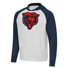 Chicago Bears Antigua Urgent Raglan Pullover Hoodie - Heather Gray/Heather Navy - NFL