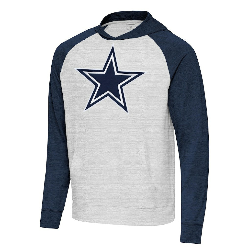 Dallas Cowboys Antigua Urgent Raglan Pullover Hoodie - Heather Gray/Heather Navy - NFL
