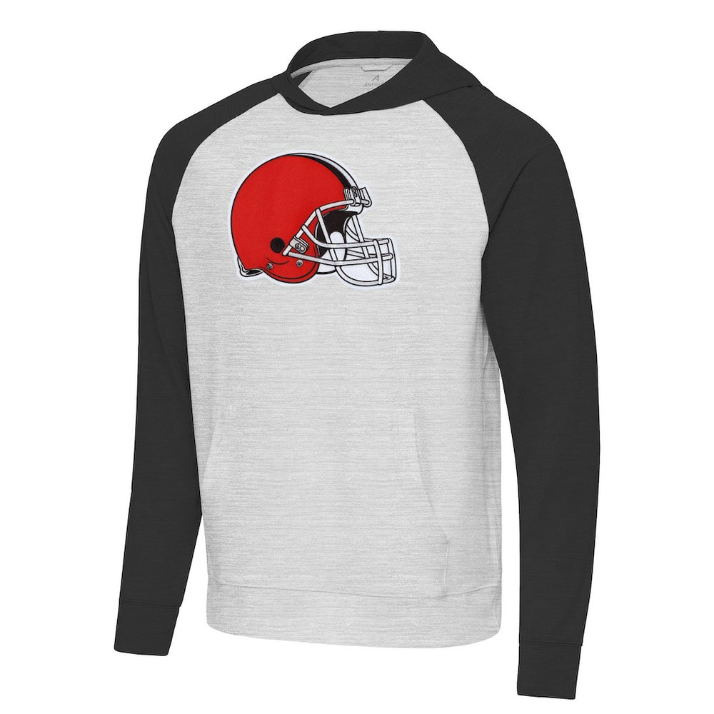 Cleveland Browns Antigua Urgent Raglan Pullover Hoodie - Heather Gray/Black - NFL