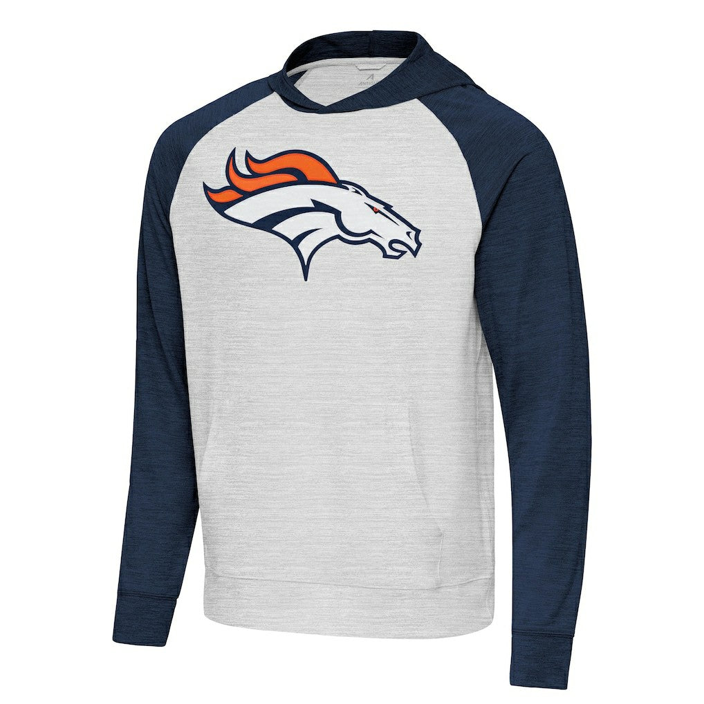 Denver Broncos Antigua Urgent Raglan Pullover Hoodie - Heather Gray/Heather Navy - NFL