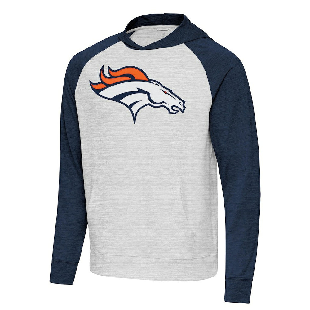Denver Broncos Antigua Urgent Raglan Pullover Hoodie - Heather Gray/Heather Navy - NFL