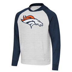 Denver Broncos Antigua Urgent Raglan Pullover Hoodie - Heather Gray/Heather Navy - NFL