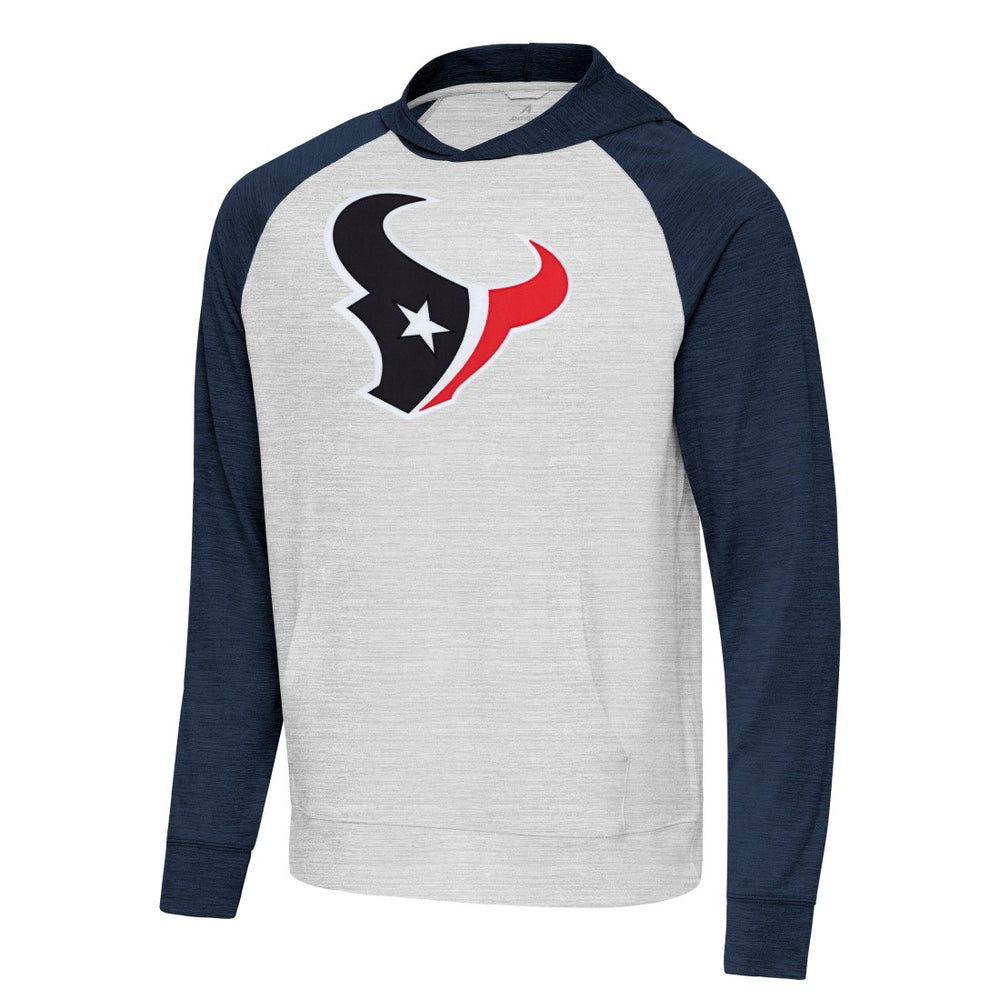 Houston Texans Antigua Urgent Raglan Pullover Hoodie - Heather Gray/Heather Navy - NFL