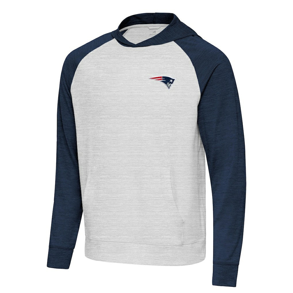 New England Patriots Antigua Urgent Pullover Hoodie - Heather Navy/Gray - NFL