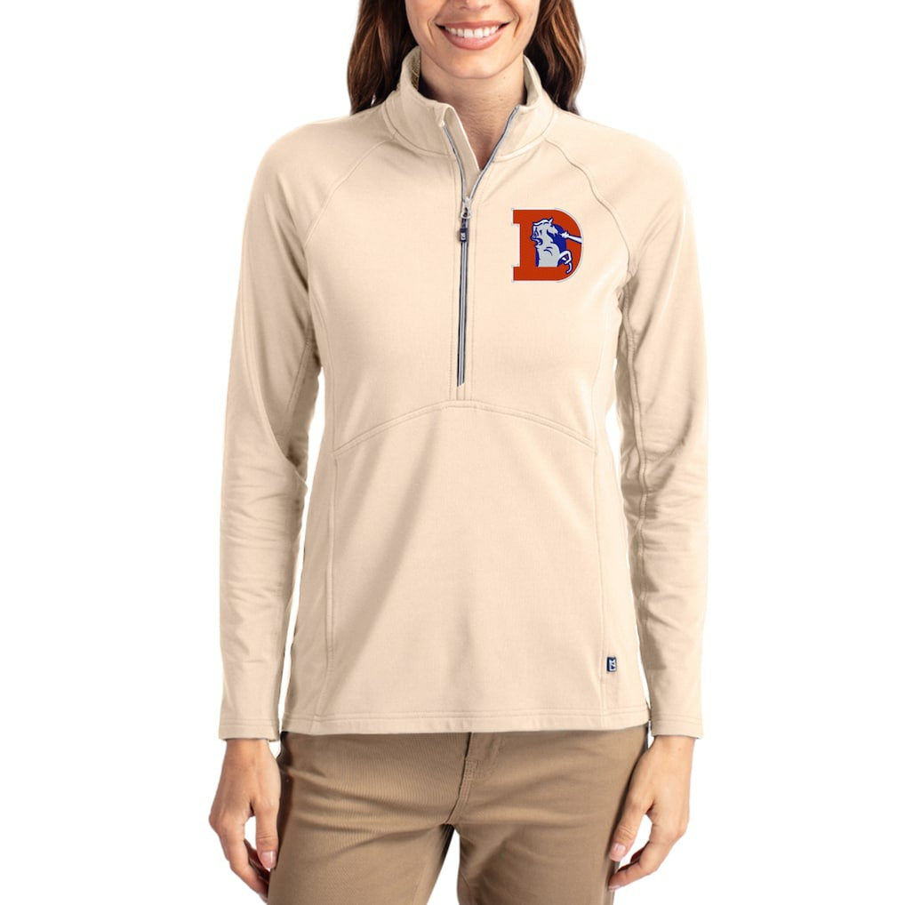 Denver Broncos Cutter & Buck Women's Throwback Adapt Eco Knit Stretch Recycled Raglan Half-Zip Pullover - Tan - NFL