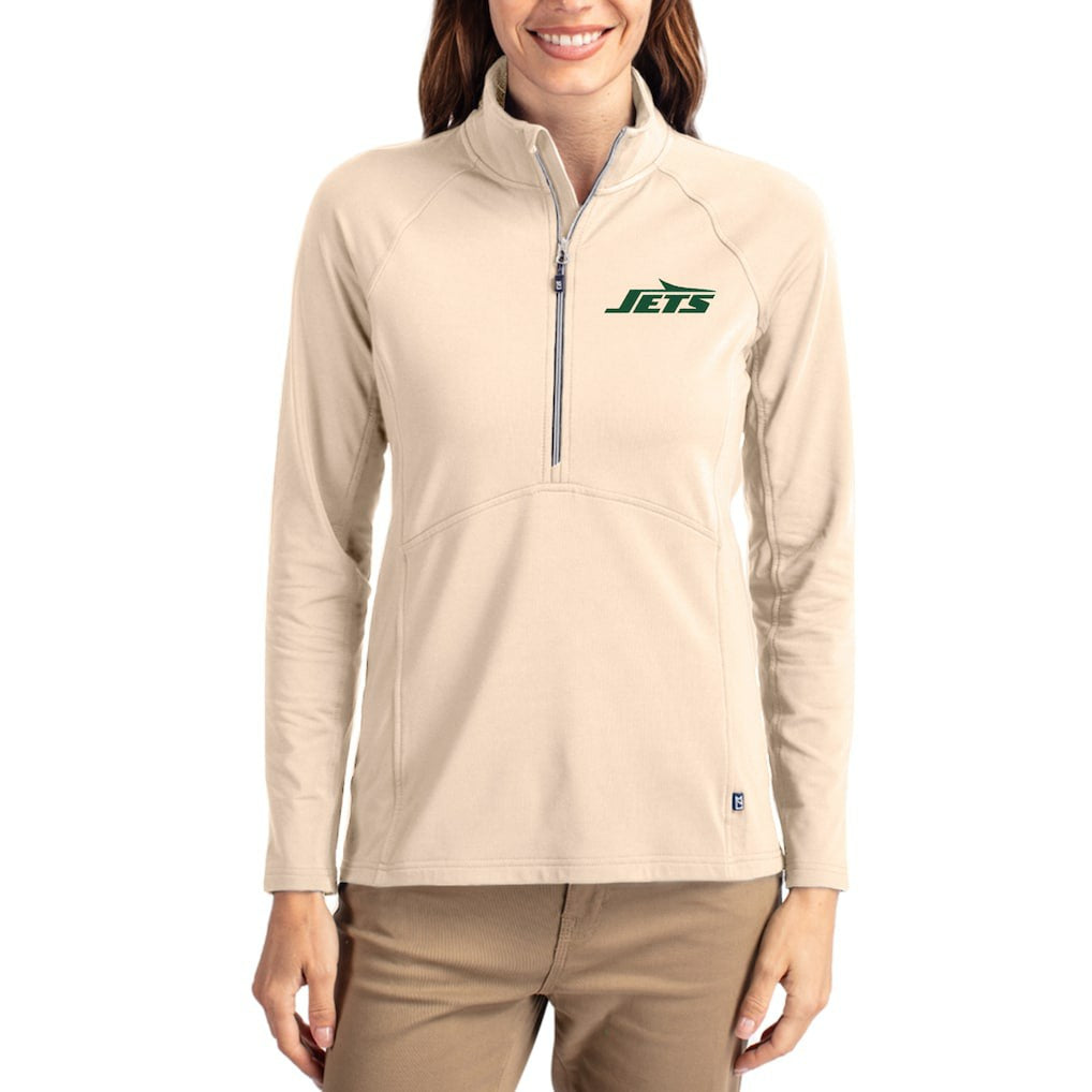 New York Jets Cutter & Buck Women's Adapt Eco Knit Stretch Recycled Raglan Half-Zip Pullover - Tan - NFL