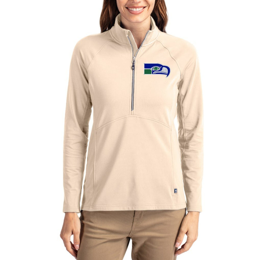Seattle Seahawks Cutter & Buck Women's Throwback Adapt Eco Knit Stretch Recycled Raglan Half-Zip Pullover - Tan - NFL