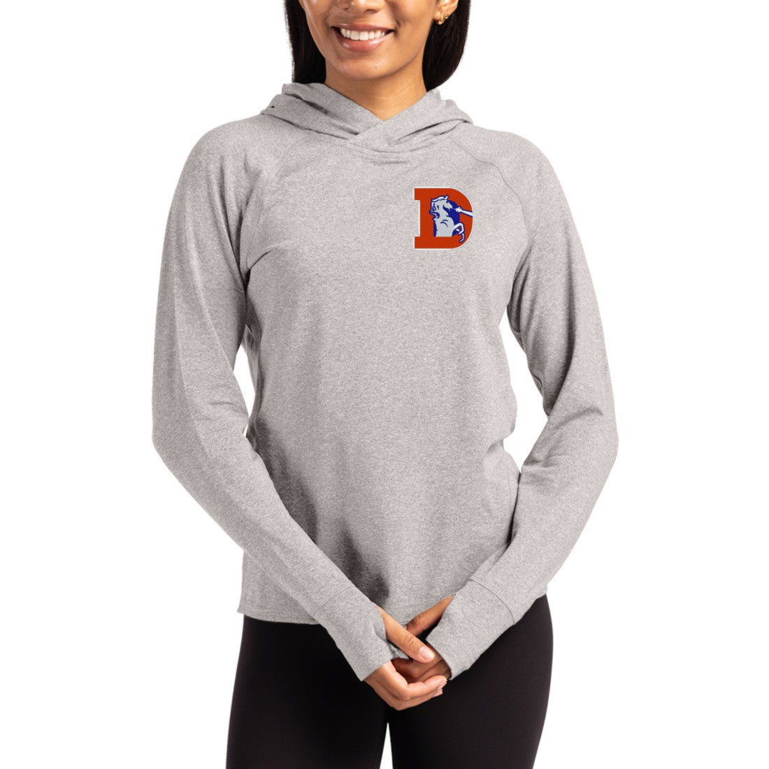 Denver Broncos Cutter & Buck Women's Throwback Logo Adapt Knit Recycled Raglan Pullover Hoodie - Heather Gray - NFL