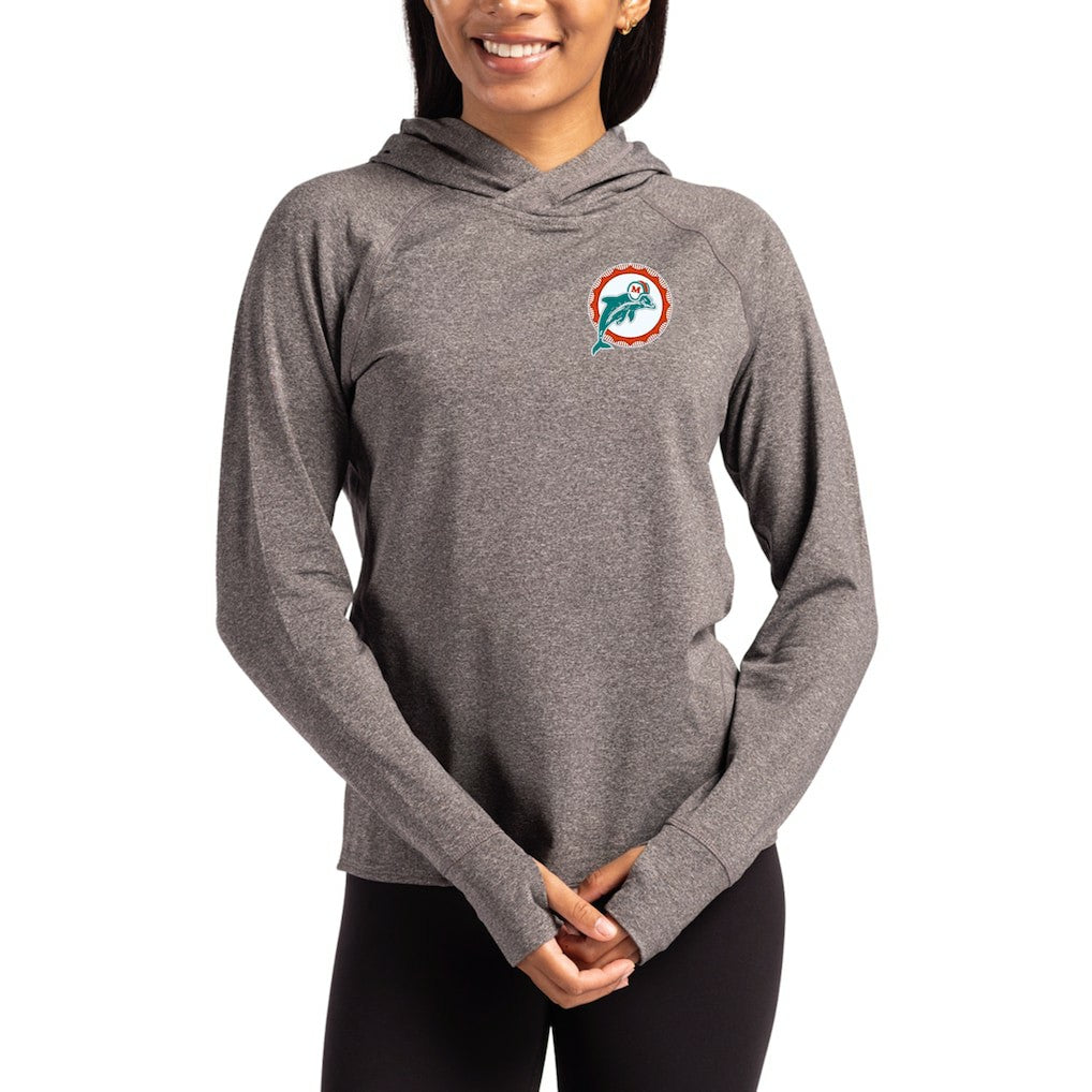Miami Dolphins Cutter & Buck Women's Throwback Logo Adapt Knit Recycled Raglan Pullover Hoodie - Heather Charcoal - NFL