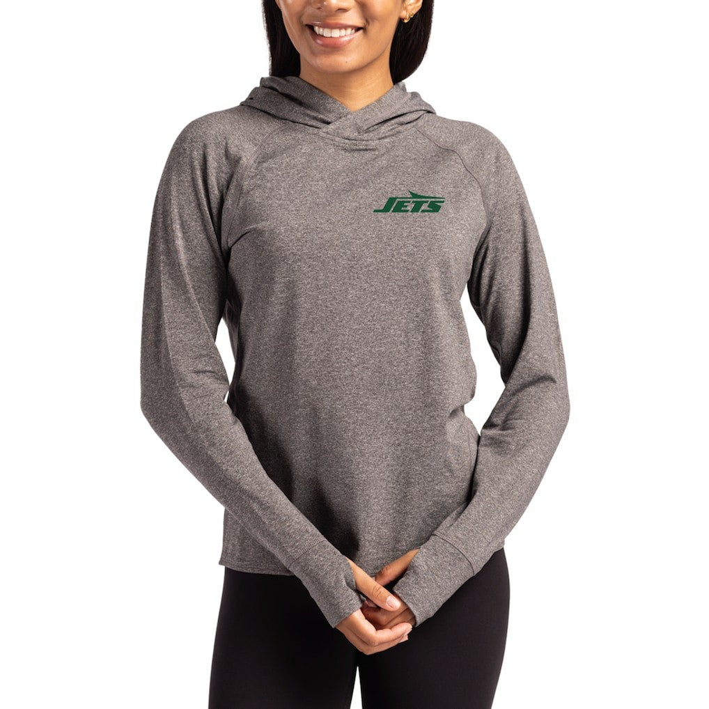New York Jets Cutter & Buck Women's Primary Logo Adapt Knit Recycled Raglan Pullover Hoodie - Heather Charcoal - NFL