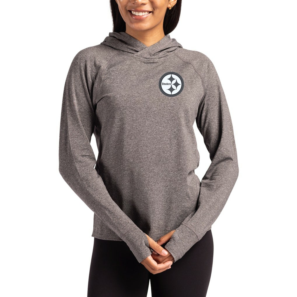 Pittsburgh Steelers Cutter & Buck Women's Tonal Logo Adapt Knit Recycled Raglan Pullover Hoodie - Heather Charcoal - NFL