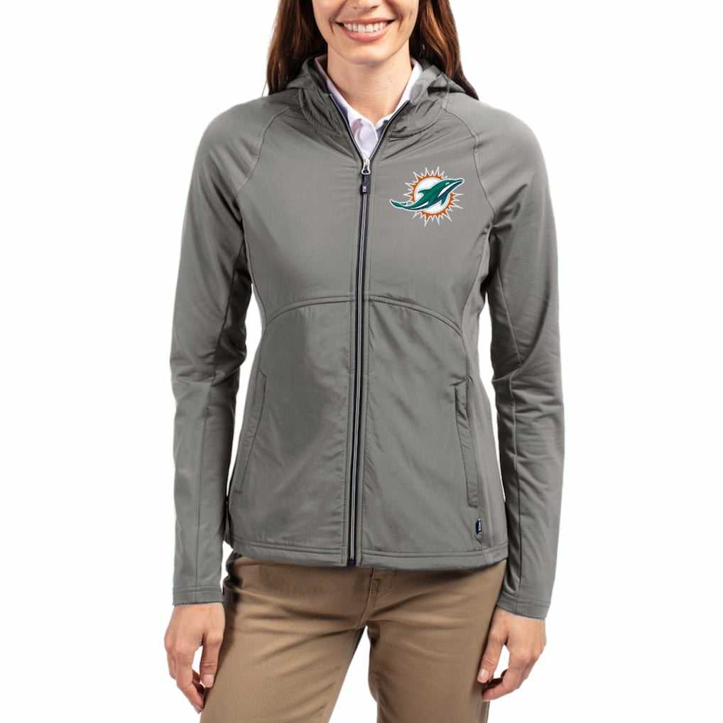Miami Dolphins Cutter & Buck Women's Adapt Eco Knit Hybrid Recycled Raglan Full-Zip Hoodie Jacket - Gray - NFL