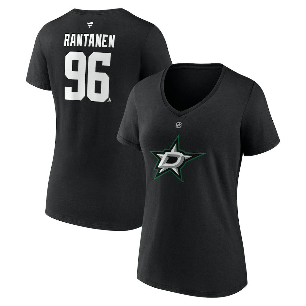 Mikko Rantanen Dallas Stars Fanatics Women's Authentic Stack Name & Number V-Neck T-Shirt - Black | Fanatics Lifestyle