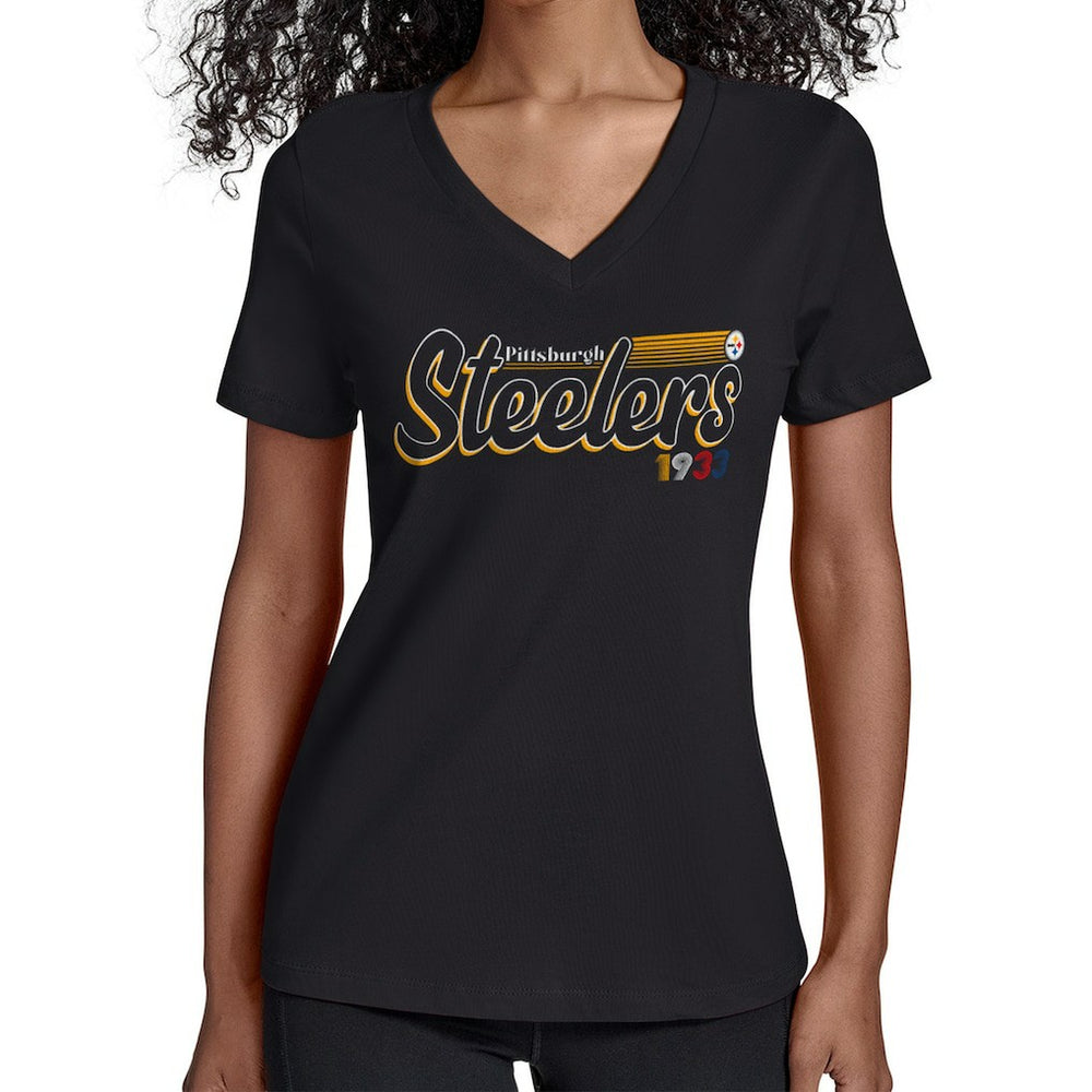 Pittsburgh Steelers Starter Women's Groovy Script V-Neck T-Shirt - Black - NFL