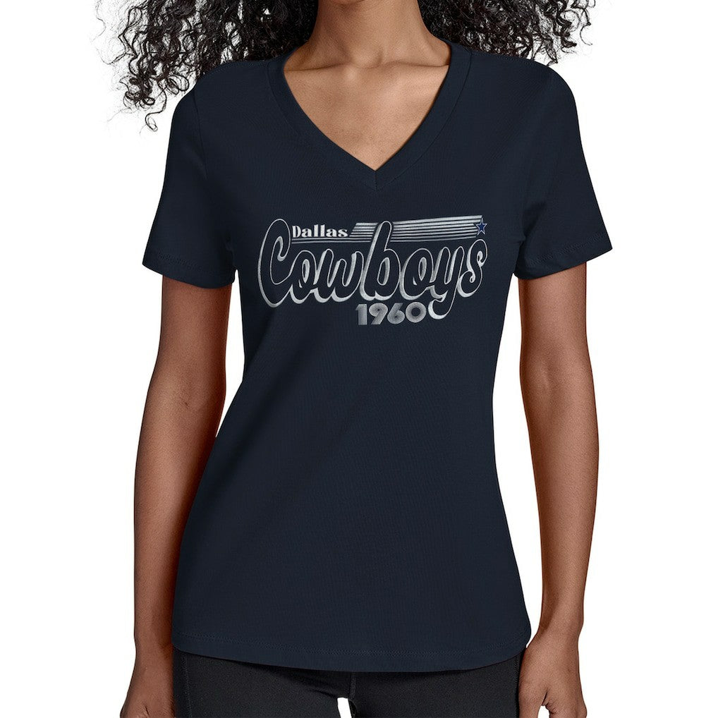Dallas Cowboys Starter Women's Groovy Script V-Neck T-Shirt - Navy - NFL