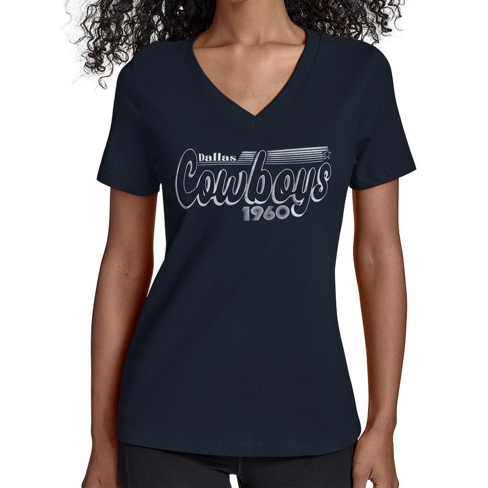 Dallas Cowboys Starter Women's Groovy Script V-Neck T-Shirt - Navy - NFL
