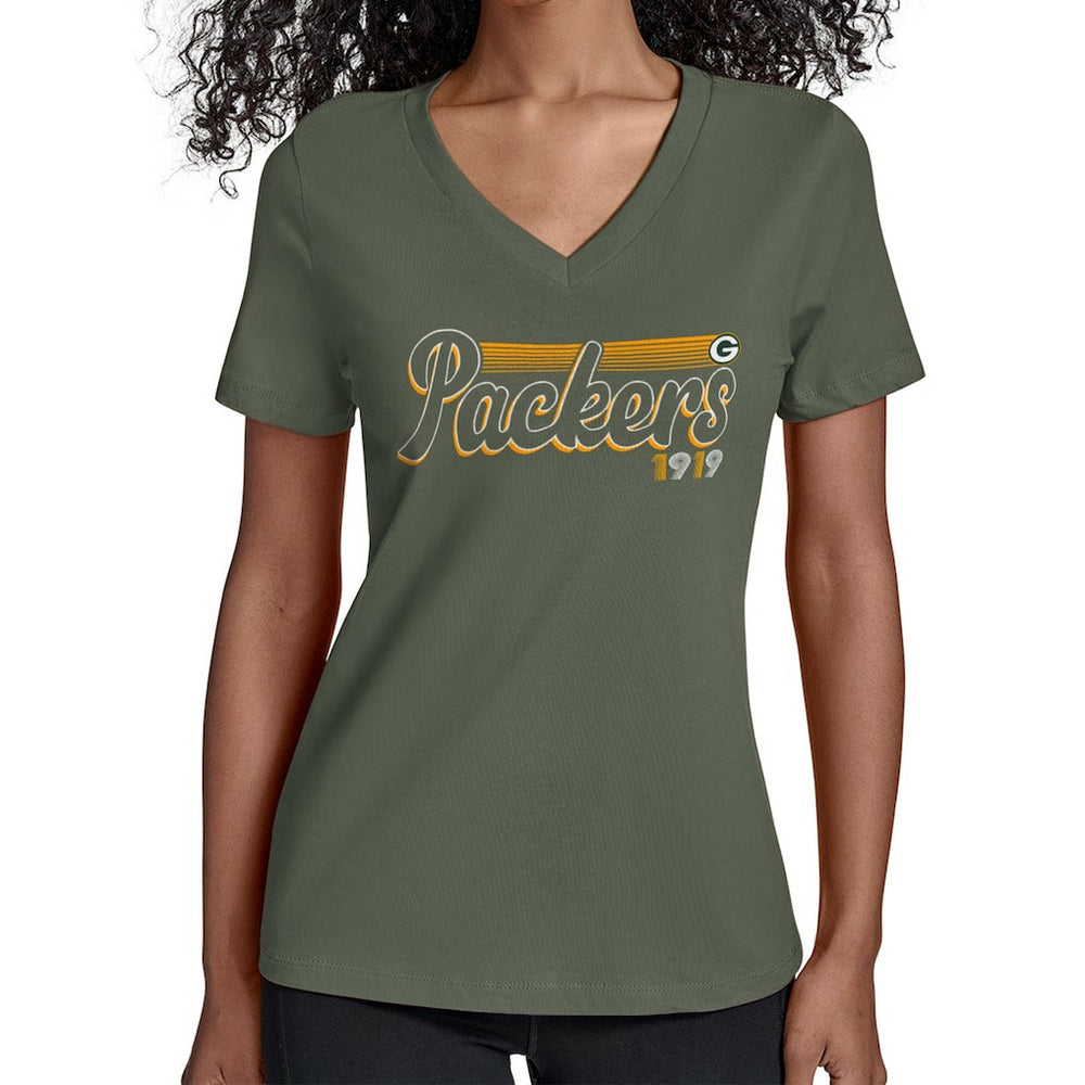 Green Bay Packers Starter Women's Groovy Script V-Neck T-Shirt - Green - NFL