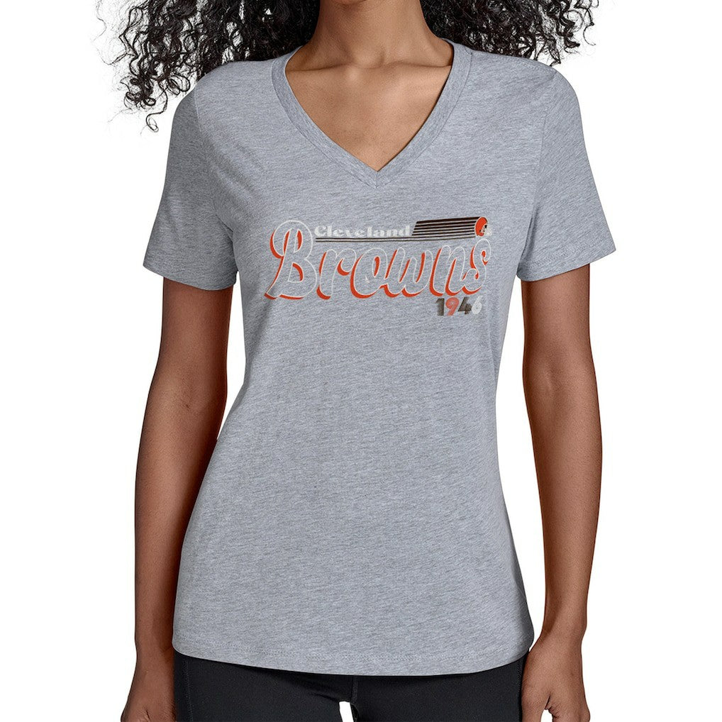 Cleveland Browns Starter Women's Groovy Script V-Neck T-Shirt - Gray - NFL
