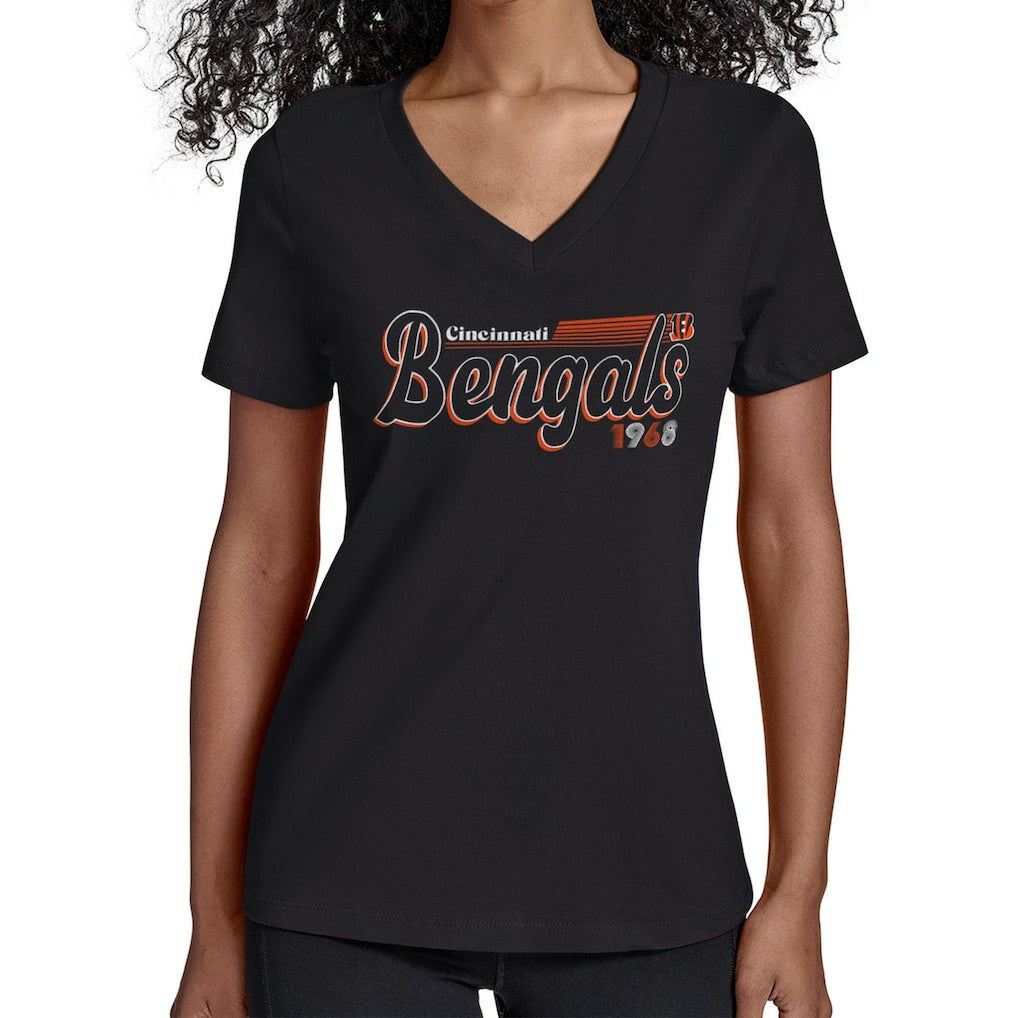 Cincinnati Bengals Starter Women's Groovy Script V-Neck T-Shirt - Black - NFL