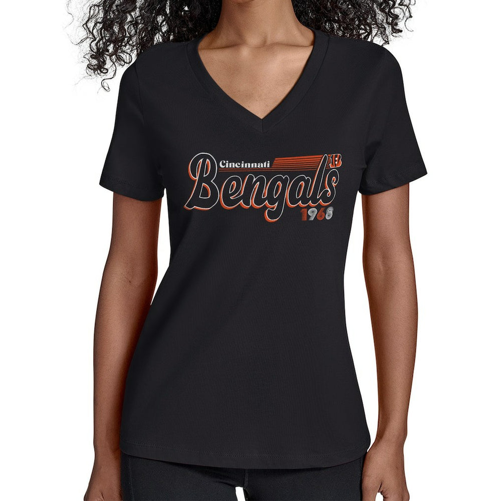 Cincinnati Bengals Starter Women's Groovy Script V-Neck T-Shirt - Black - NFL